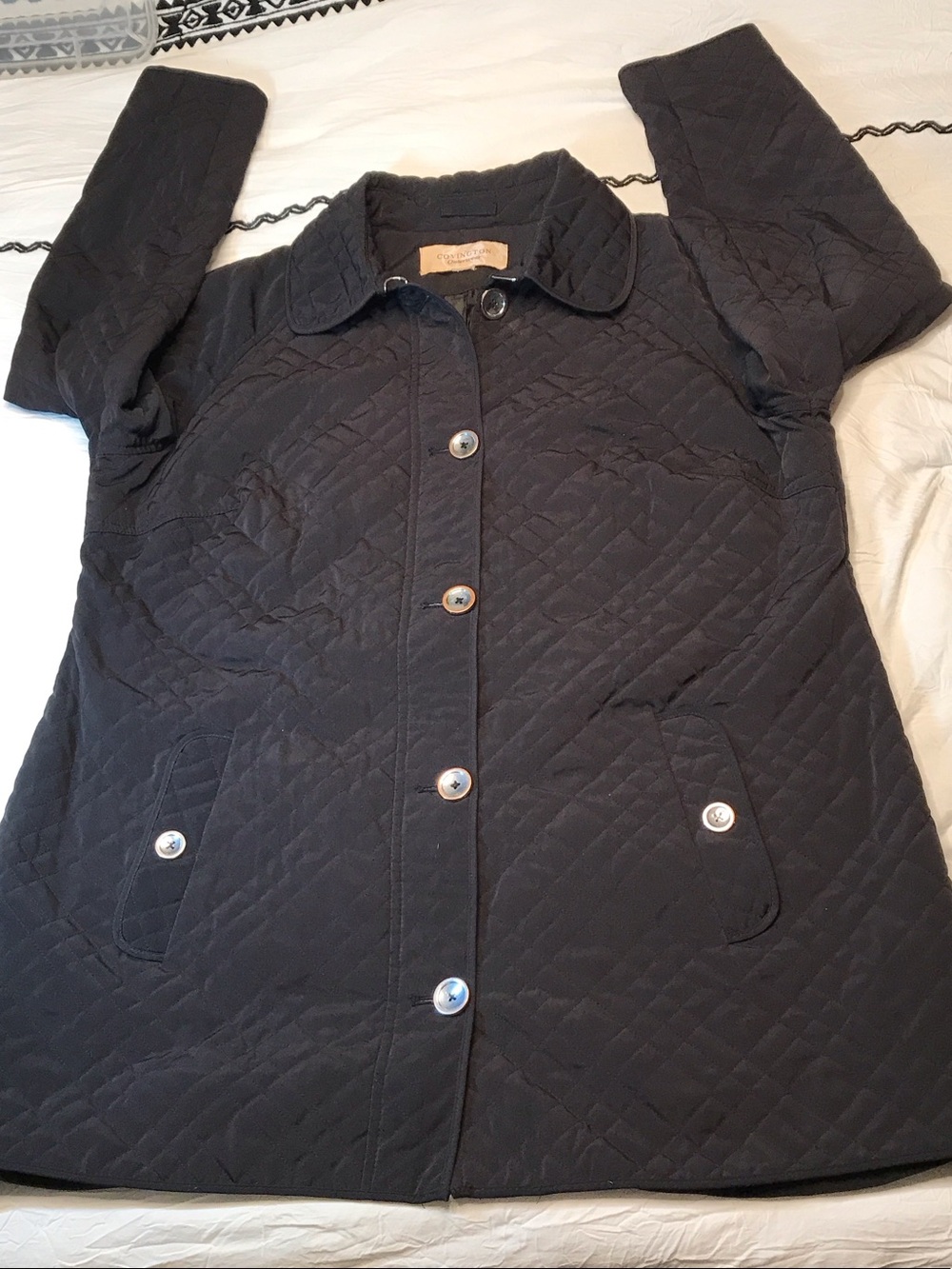 Covington Black Quilted Trench Coat with Button Front